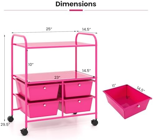 Giantex Rolling Storage Cart w/ 4 Drawers 2 Shelves Metal Rack Shelf Home Office School Beauty Salon Utility Organizer Cart with Wheels, Hot Pink - Image 3
