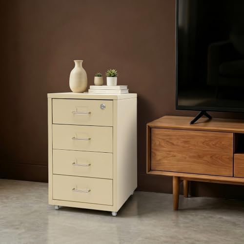 4 Drawer Vertical File Cabinet, Beige Metal File Cabinet with Lock(Yellow) - Image 6