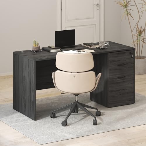 Furinno Roger 60 Inch Executive Desk with File Cabinet, Home Office Desk with 3-Drawer Fixed Pedestal Filing Cabinet, Desk Cord Grommet, for Home Office, Antique Grey by Furinno-FitsYourSpaceFitsYourBudget