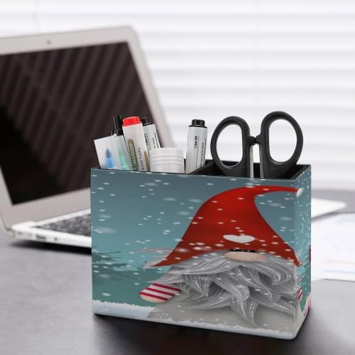 PU Leather Multi-Compartment Pen Holder Desktop Organizer Pencil Cup Storage Caddy for Office Home Supplies Winter Festival Christmas Elf Tomte Standing in Front of Wooden in Snow1 - Image 5