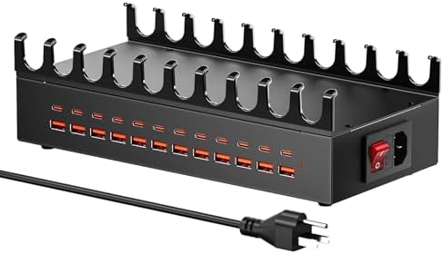 300W Charging Station with 24 Ports,USB Fast Charger for Multiple Devices,Multi Charger Station Organizer Compatible with Smart Power Delivery,Phone,Tablet,Charging Station for Home,Office,School by HONGYEE-NH