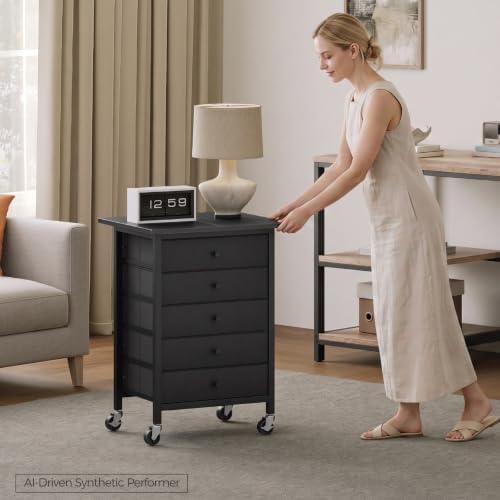 MAHANCRIS 5 Drawer File Cabinet,Rolling Filing Chest Cabinet with Wheels, Under Desk Storage Organizer, Printer Stand with Non-Woven Fabric Drawer, for Home Office, Study, Black FCBK4801 - Image 2