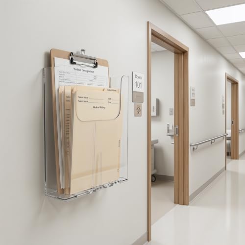 Cabilock 4 Pcs Acrylic Wall File Organizer Clear Vertical Paper Folder Holder Wall Mount Magazine Pocket Brochure Stand for Office Desk 9.8x8.8 In (4PCS) - Image 6