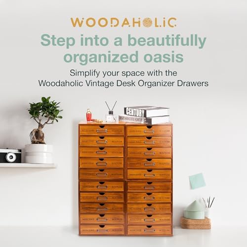 Fully Assembled Modular Stackable 20-Drawer Set of 4 Retro Wood Countertop Organizer Drawers - Mini Filing Cabinets for Desktop - Apothecary Card Catalog Library Storage Drawers w/ Label Holders - Image 3