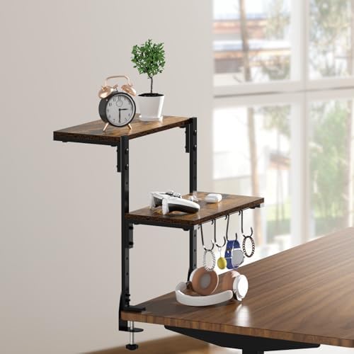 Clamp-on Desk Shelf, 13 inch Above or Below Desk 2-Tier Shelving, Adjustable Metal Storage Tray for Gaming Devices or Office Desk Accessories and More, Brown, Patent Pending - Image 5