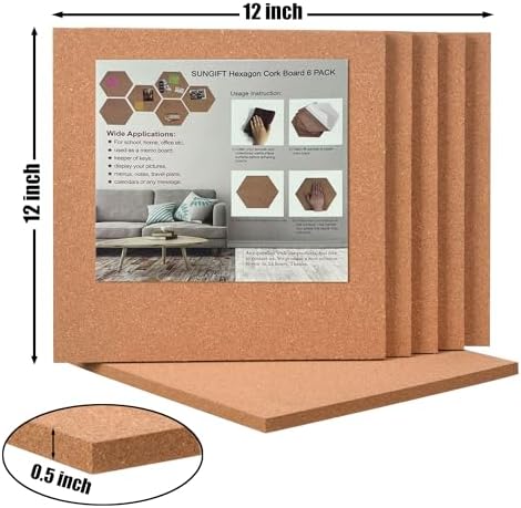 SUNGIFT Cork Board 12"x12" - 1/2 Inch Thick Self-Adhesive Tiles, 6 Pack - Image 3
