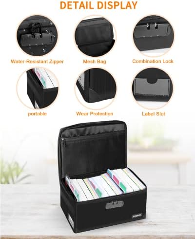 JUNDUN Index Card Holder with Lock,Collapsible Fireproof Index Card Box fits 1200 5x8-Inch Flash Cards - Business, Recipe, or Note Card Storage Boxes - Black - Image 3
