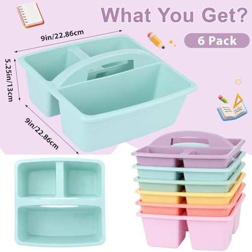 gisgfim 6 Pack Classroom Caddy with Handle Plastic Storage Caddy Organizer with 3 Compartments Desk Caddies Holder Portable Storage Bin for Pencil, Crayon, Marker, Home, Office, School Supply(Pastel) - Image 2