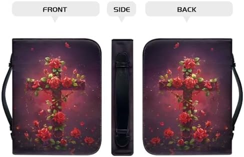 Cross & Red Rose Pattern Bible Cover for Women Soft PU Leather Verse Print Bible Carrying Case Large Capacity Book Organizer with Top Handle Gifts for Christians - Image 4