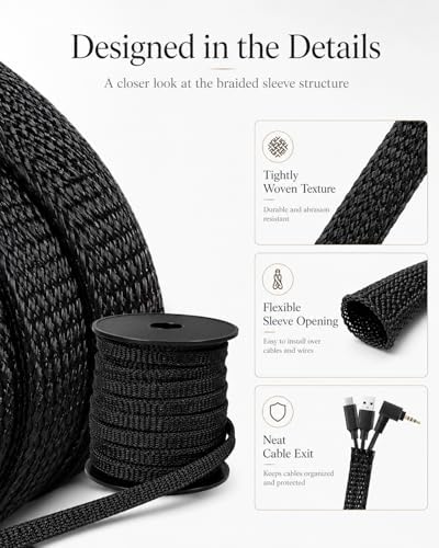 300 Feet - 1/4,1/2,3/8 Inch Braided Wire Loom PET Cable Loom Expandable Braided Sleeving Wire Sleeve for Automotive，TV, Computer, Home Theater, Black - Image 5