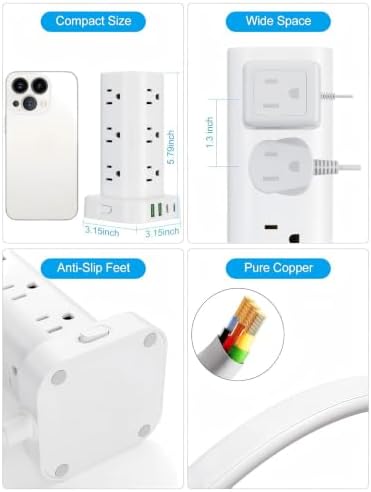 15FT Power Strip Tower Surge Protector, 12 Wide Spaced Outlets, 4 USB - Image 6