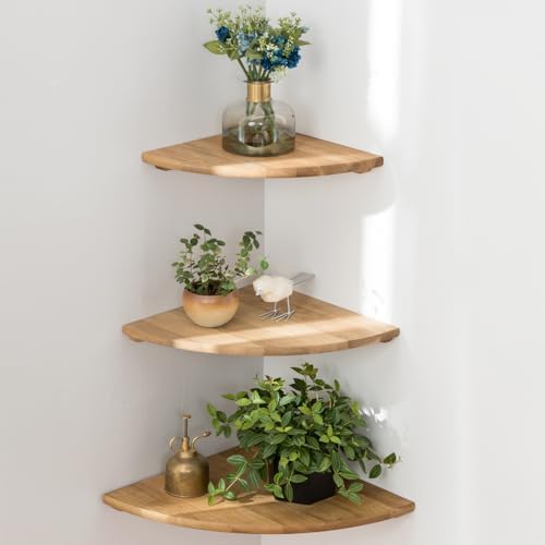 Corner Shelves, Floating Corner Shelf, Set of 3 Solid Oak Wood Corner Wall Shelves, Round End with Wire Hole Shelving for Small Plant for Bedroom Kitchen, Living Room (Size 9/10/12in) by Coamily