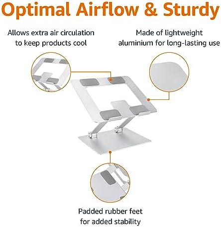 Amazon Basics Sturdy and Portable Ergonomic Laptop Stand for Desk, Height Adjustable Riser with Ventilated Cooling, Foldable, Fits all Laptops up to 15.6 Inch, Silver - Image 2