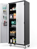 VINGLI 72'' Tall Garage Storage Cabinet, Metal Storage Cabinet with Wheels, Locking Doors and Adjustable Shelves (Black & Silver, 32''W x 16''D x 72''H) by VINGLI