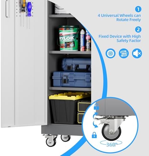 SUXXAN Metal Garage Cabinet with Wheels and Pegboard 71'' x 32'' x 16'', Lockable Rolling Steel Cabinet with 5 Adjustable Shelves and Door for Garage, Office, Kitchen, Assembly Required - Image 6