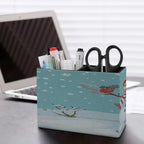 PU Leather Multi-Compartment Pen Holder Desktop Organizer Pencil Cup Storage Caddy for Office Home Supplies Winter Time Snow Silhouette with Bird Branches Happy Christmas - Image 5