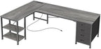 Huuger 55 Inch L Shaped Desk with Fabric Drawers, Reversible Computer Gaming Desk with Power Outlets and USB-C Port, Adjustable Side Storage Shelves, for Work Study Corner Home Office, Grey,1CD078H by Huuger