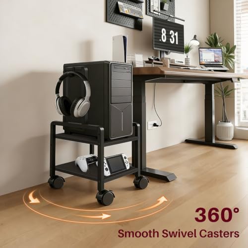 Adjustable 2-Tier PC Stand, Computer Tower Stand with 360° Locking Wheels & Hooks, CPU Cart for Floor, Carpet and Under Desk, 15.2" x 11.8" x 26", Black - Image 3