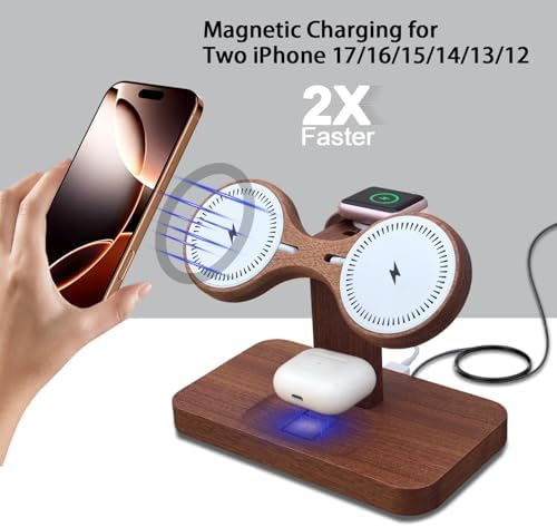 Wood Dual Phone Charging Station Compatible with Magsafe Charger - Image 3