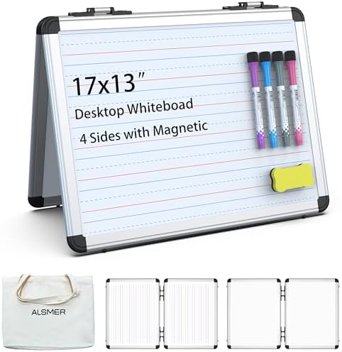 Dry Erase Board, 17x13 inch with 4 Sides Magnetic Whiteboard, A3 Foldable Small White Board with Lines, Perfect for Office, School, and Home. (Silver) by ALSMER