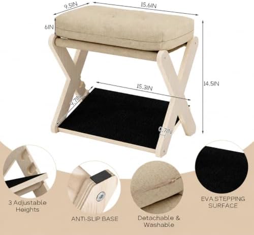 Adjustable Foot Rest Under Desk at Work, 16.6" Wide Wooden Ergonomic Footstool with 3 Height Options, Linen Cushion, Non-Slip EVA Stepping Surface & Posture Support for Office, Home & Gaming - Image 2