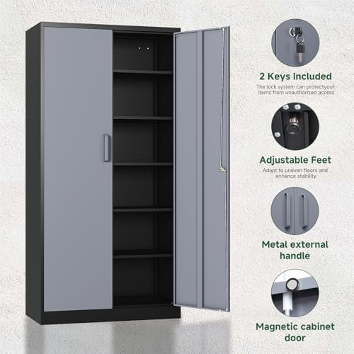 Letaya Metal Storage Cabinets with Lock Door and 5 Adjustable Shelves, Steel Garage Tool Organization Cabinets for Home,Utility Room, Warehouse,Lockers(71"-Black Gray) - Image 6