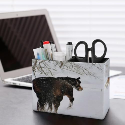 PU Leather Multi-Compartment Pen Holder Desktop Organizer Pencil Cup Storage Caddy for Office Home Supplies Winter Horse Print in Snowy Forest - Image 5