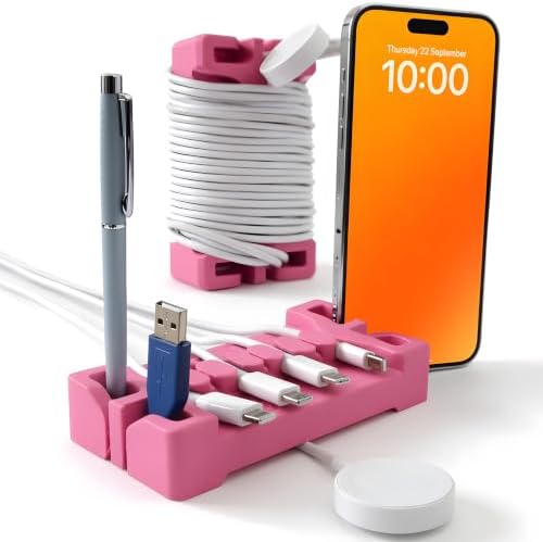 DeskBrick 2PK Silicone + Steel-Weighted Cord Holders for Desks. Weighted Cord Organizers & Cable Management for Desktops. Useful Phone Accessories & Cable Holders for Offices. No Adhesive. Pink by CordBrick