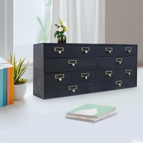 4 Pcs Vintage Desktop Organizer Set, Wooden 12 Drawer Storage Cabinets with Metal Handles & Label Slots, Stackable Apothecary Chest for Office, Herb, Tea, Jewelry and Stationery Organization (Black) - Image 4