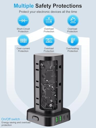 15FT Power Strip Tower Surge Protector, 12 Wide Spaced Outlets, 4 USB - Image 7