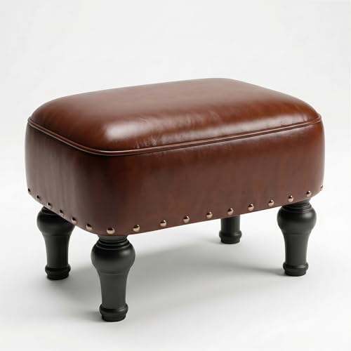 Cmishe Ottoman Leather Footrest,Vintage Footstool,Thickened Foam Upholstered Seat,Wooden Leg Foot Rest,Under Desk Shoe Bench Small Bench for Living Room Dining Room(Bronw) by Cmishe