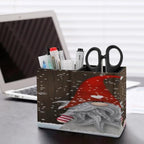 PU Leather Multi-Compartment Pen Holder Desktop Organizer Pencil Cup Storage Caddy for Office Home Supplies Winter Festival Christmas Elf Tomte Standing in Front of Wooden in Snow - Image 5