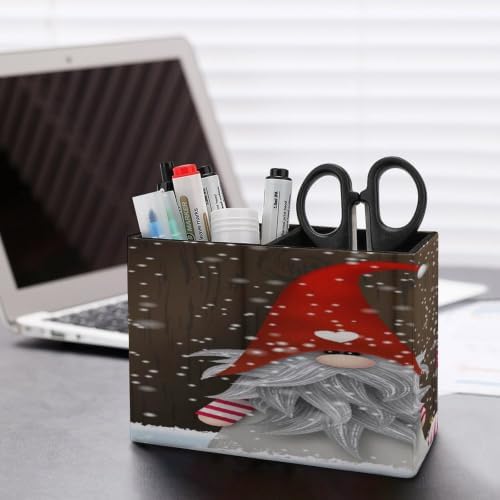 PU Leather Multi-Compartment Pen Holder Desktop Organizer Pencil Cup Storage Caddy for Office Home Supplies Winter Festival Christmas Elf Tomte Standing in Front of Wooden in Snow - Image 5