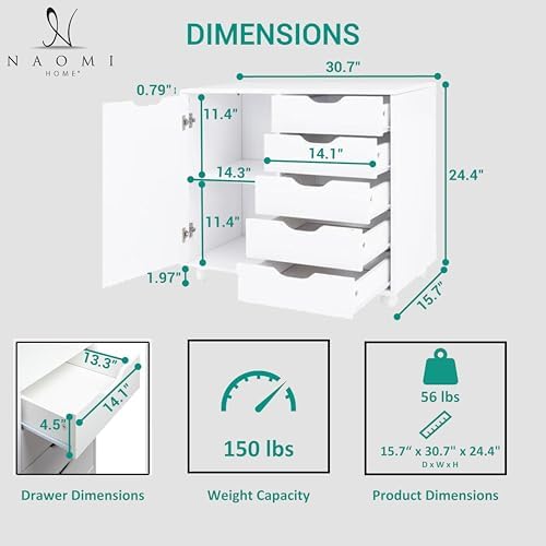 Naomi Home Amy 5-Drawer Rolling Office File Cabinet - White - Image 2