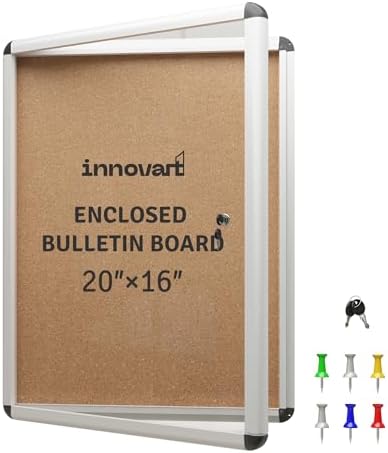 INNOVART 20”x16” Enclosed Bulletin Board, Weatherproof Outdoor Enclosed Cork Board with Swing-Open Locking Door, Aluminum Frame Wall Mounted Display Case for Home, School, Office, Commercial by INNOVART