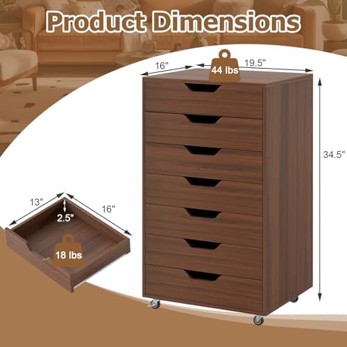GIANTEX 7-Drawer Storage Cabinet, Mobile File Organizer with 4 Universal Casters, Wooden Vertical Filing Cabinet on Lockable Wheels for Office, Study, Living Room (19” x 15.5” x 34.5”,Walnut) - Image 3