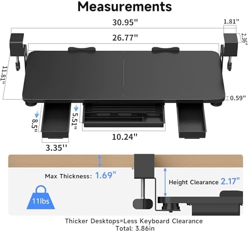XINLEI Keyboard Tray Under Desk with Storage Drawer Large C-Clamp 26.7”(31” Including Clamps) x 11.8” Slide-Out Platform Computer Drawer Pull Out Keyboard & Mouse Tray DSF7CT - Image 2