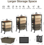 Rolling Cart with 5 Drawers, Plastic Drawer Storage Carts with Wheels & Wooden Tabletop, Metal Utility Cart with Pegboards, Office Living Room Classroom Craft Organization and Storage, Dark Brown - Image 3