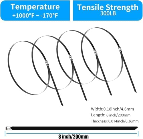 XINGO 8 inch Black Metal Zip Ties (600 Pack), 304 Stainless Steel Heavy Duty Zip Ties, 300lbs Tensile Strength, Multi-Purpose Self-locking Cable Ties for Exhaust Wrap, Outdoor and Canopy Etc - Image 2