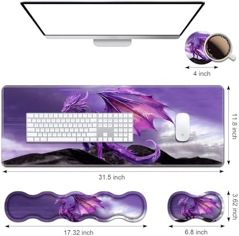 Ergonomic Keyboard Wrist Rest & Mouse Pad Wrist Rest Set, Large XXL Gaming Desk Mat 31.5"x 11.8" with Memory Foam, Easy Typing Pain Relief for Office & Home, Purple Dragon - Image 2