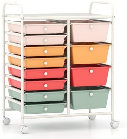 LDAILY 12 Drawer Rolling Storage Cart, Rolling Cart with Drawers for Classroom, Art Supply Craft Organizer on Wheel with Metal Frame & Handles for Home Office School (Macaron, 12 Drawer Left-Right) by LDAILY