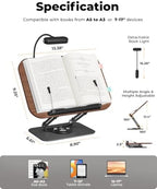 Book Stand with Reading Light, 360° Rotating Book Holder for Desk, Foldable Cookbook Stand with Page Clips, Height & Angle Adjustable Reading Stand for Textbooks, Tablets - Image 3