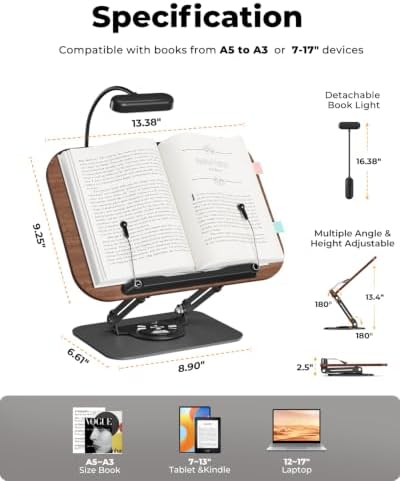 Book Stand with Reading Light, 360° Rotating Book Holder for Desk, Foldable Cookbook Stand with Page Clips, Height & Angle Adjustable Reading Stand for Textbooks, Tablets - Image 3