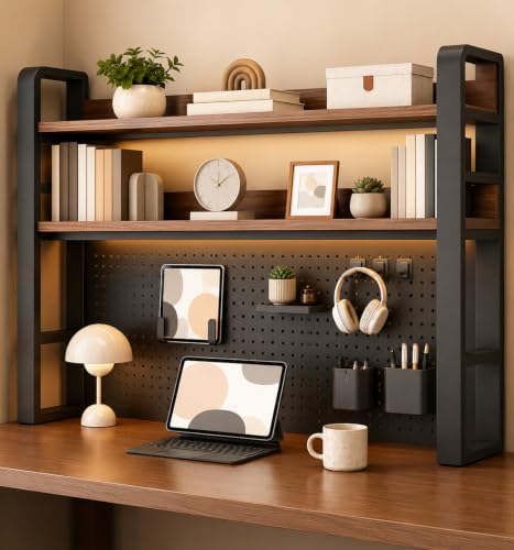 Desk Shelf Organizer with Pegboard & Storage Accessories, 2-Tier Desk Hutch Desktop Storage Rack, Desk Shelf for Office and Home Office Black Frame/Walnut Board (3-Tier) 37.4"×9.8"×36.6" by Unknown