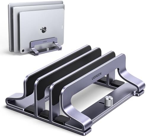 UGREEN 3-Slot Vertical Laptop Stand Holder Desk Compatible with MacBook Pro Air Laptop Stand Desktop Adjustable, Lenovo Ideapad, Surface Book, HP Notebook, Dell Chromebook Up to 17.3 Inch, Space Gray by UGREEN