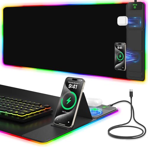 Mouse Pad with Foldable Phone Holder & Wireless Charger, XXL RGB Gaming Mousepad 31.5"x15.8" Large Desk Mat for Keyboard, Black Desk Pad with Dual Qi Charging Station | 11 Colors 5 Modes | Waterproof by miroddi
