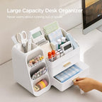HBlife Desk Organizer with Pen Pencil Holder for Desk, Pen Organizer with 2 Drawers, Desk Organizers and Accessories with 4 Compartments, Desktop Storage for Office Home School Art Supplies, All White - Image 2
