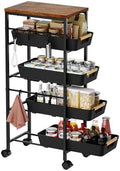 5-Tier Slim Storage Cart, Wooden Top Rolling Kitchen Cart with Pull-Out Baskets & Wheels, Narrow Space Utility Cart Slide Out Organizer for Kitchen, Bathroom, Laundry Room, Black by Landmok