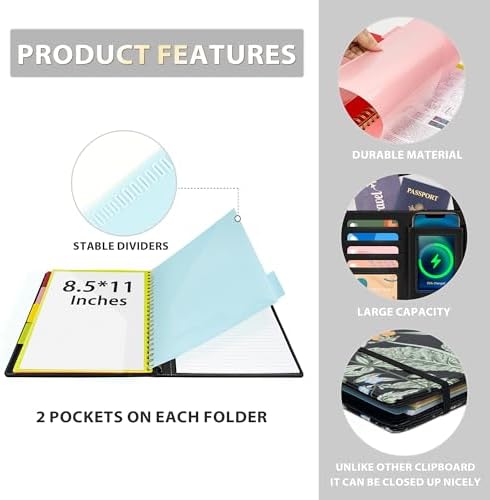 Ospelelf Clipboard with Storage for Women, Leather Padfolio Portfolio Organizer 5 Folders with 10 Pockets, Spiral Clipboard Folio with Notepad for Letter Size, Elastic Closure and Pen Loop Floral - Image 4