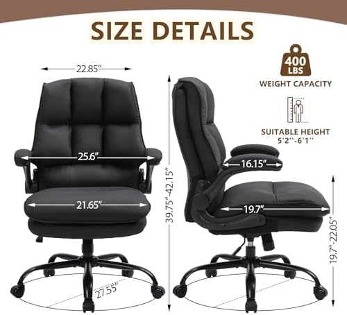 Comfy Office Chair Soft and Double Cushioned Ergonomic Computer Desk Chairs for Long Hours Executive Office Chair with Flip-up Armrests and Height Adjustment for Home Office Black - Image 2